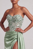 Groene korset strapless satijnen pailletten lange galajurk met zijsplit