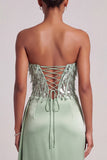 Groene korset strapless satijnen pailletten lange galajurk met zijsplit