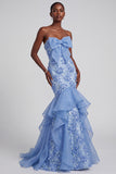 Blauwe zeemeermin strapless gerimpelde bloemenapplicaties organza galajurk met strik