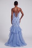 Blauwe zeemeermin strapless gerimpelde bloemenapplicaties organza galajurk met strik