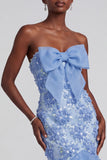 Blauwe zeemeermin strapless gerimpelde bloemenapplicaties organza galajurk met strik
