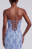 Blauwe zeemeermin strapless gerimpelde bloemenapplicaties organza galajurk met strik