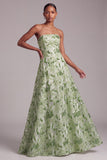 Groene A-lijn strapless pailletten geborduurde galajurk met bloemen en veter op de rug