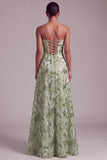 Groene A-lijn strapless pailletten geborduurde galajurk met bloemen en veter op de rug