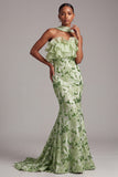 Groene Zeemeermin strapless lange baljurk met ruches en pailletten