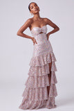 Blush pailletten strapless gelaagde, gerimpelde sleutelgat lange galajurk met zijsplit