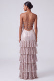 Blush pailletten strapless gelaagde, gerimpelde sleutelgat lange galajurk met zijsplit