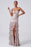 Blush pailletten strapless gelaagde, gerimpelde sleutelgat lange galajurk met zijsplit