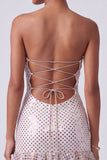 Blush pailletten strapless gelaagde, gerimpelde sleutelgat lange galajurk met zijsplit