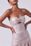 Blush pailletten strapless gelaagde, gerimpelde sleutelgat lange galajurk met zijsplit