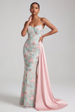 Lichtgroene meermin strapless pailletten geborduurde lange galajurk met drapering