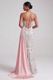 Lichtgroene meermin strapless pailletten geborduurde lange galajurk met drapering