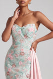Lichtgroene meermin strapless pailletten geborduurde lange galajurk met drapering