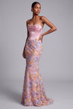 Corset roze strapless satijn zeemeermin parels bloemenapplicaties lange galajurk