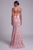Corset roze strapless satijn zeemeermin parels bloemenapplicaties lange galajurk