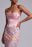 Corset roze strapless satijn zeemeermin parels bloemenapplicaties lange galajurk