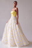 Gele satijnen A-lijn strapless Jacquard lange galajurk