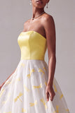 Gele satijnen A-lijn strapless Jacquard lange galajurk
