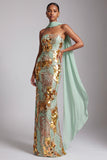 Strapless gouden schede pailletten lange galajurk met chiffon drapering