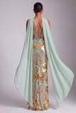 Strapless gouden schede pailletten lange galajurk met chiffon drapering