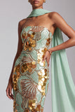 Strapless gouden schede pailletten lange galajurk met chiffon drapering