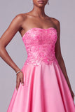 Felroze strapless satijn bloemenborduurwerk pailletten A-lijn lange galajurk