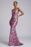 Fuchsia doorschijnende mesh strapless pailletten bloemenzeemeermin lange galajurk met sweep sleep