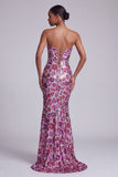 Fuchsia doorschijnende mesh strapless pailletten bloemenzeemeermin lange galajurk met sweep sleep