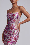 Fuchsia doorschijnende mesh strapless pailletten bloemenzeemeermin lange galajurk met sweep sleep