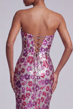 Fuchsia doorschijnende mesh strapless pailletten bloemenzeemeermin lange galajurk met sweep sleep