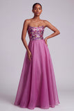 Fuchsia pailletten bloemen strapless A-lijn chiffon lange galajurk