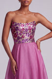 Fuchsia pailletten bloemen strapless A-lijn chiffon lange galajurk