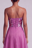 Fuchsia pailletten bloemen strapless A-lijn chiffon lange galajurk