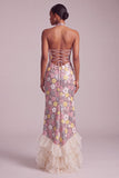 Roze halter pailletten met een gelaagde organza lange baljurk met ruches en zijsplit