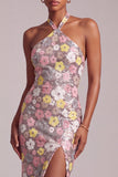 Roze halter pailletten met een gelaagde organza lange baljurk met ruches en zijsplit