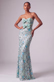 Stoffige blauwe bloemenpailletten zeemeermin strapless lange galajurk met strik