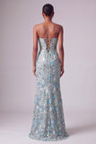 Stoffige blauwe bloemenpailletten zeemeermin strapless lange galajurk met strik