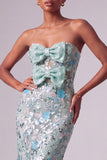 Stoffige blauwe bloemenpailletten zeemeermin strapless lange galajurk met strik