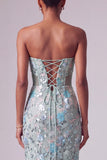Stoffige blauwe bloemenpailletten zeemeermin strapless lange galajurk met strik