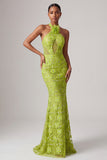 Halter hals groene zeemeermin met pailletten geborduurd lange galajurk met 3D-bloemen