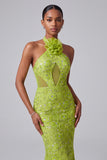 Halter hals groene zeemeermin met pailletten geborduurd lange galajurk met 3D-bloemen