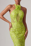 Halter hals groene zeemeermin met pailletten geborduurd lange galajurk met 3D-bloemen
