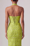 Halter hals groene zeemeermin met pailletten geborduurd lange galajurk met 3D-bloemen