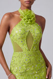 Halter hals groene zeemeermin met pailletten geborduurd lange galajurk met 3D-bloemen