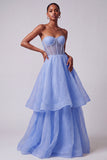 Blauwe korset doorschijnende parels strapless A-lijn lange jurk met laagjes voor het gala.