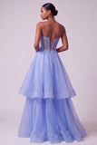 Blauwe korset doorschijnende parels strapless A-lijn lange jurk met laagjes voor het gala.