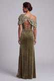 Olijfgroene schede Asymmetrische Eenschouder Velvet Maxi Mother of the Bride jurk met 3D-bloem