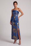 Donkerblauwe schede strapless ruches lange moeder van de bruid jurk met zijsplit