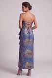 Donkerblauwe schede strapless ruches lange moeder van de bruid jurk met zijsplit