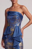 Donkerblauwe schede strapless ruches lange moeder van de bruid jurk met zijsplit